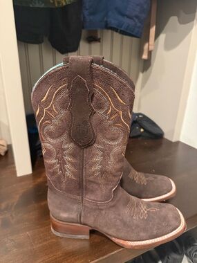 Brown Suede Western Cowboy Boots with Embroidery